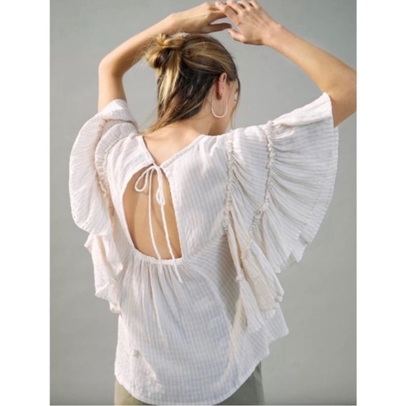 Pilcro anthropologie flutter sleeve size large cream and white stripes Sybil top - Picture 1 of 11